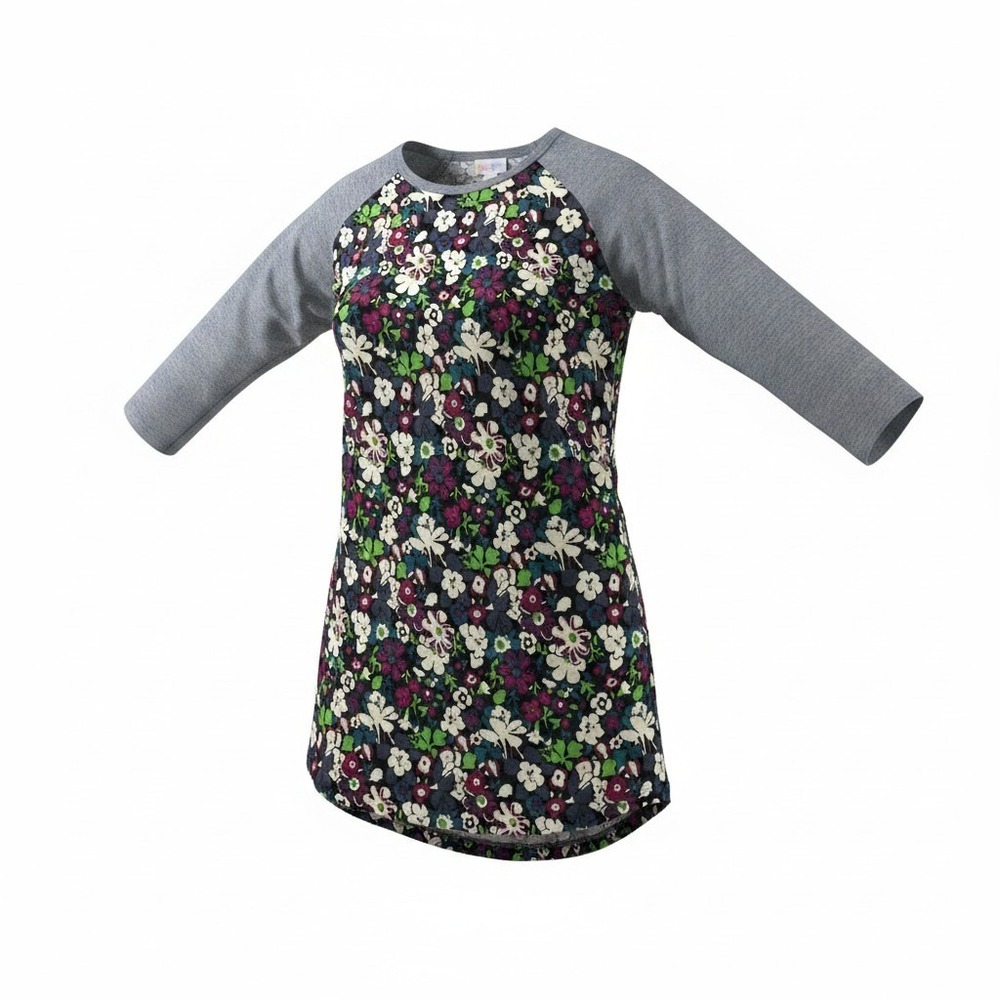 LuLaRoe Randy Baseball Tee Womens Small Floral Raglan 3/4 Sleeve Grey Purple Top
